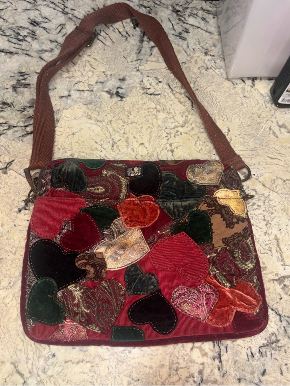 Lucky Brand Y2K Patchwork Heart Tote Crossbody Bag Boho Laptop Carryall Velvet